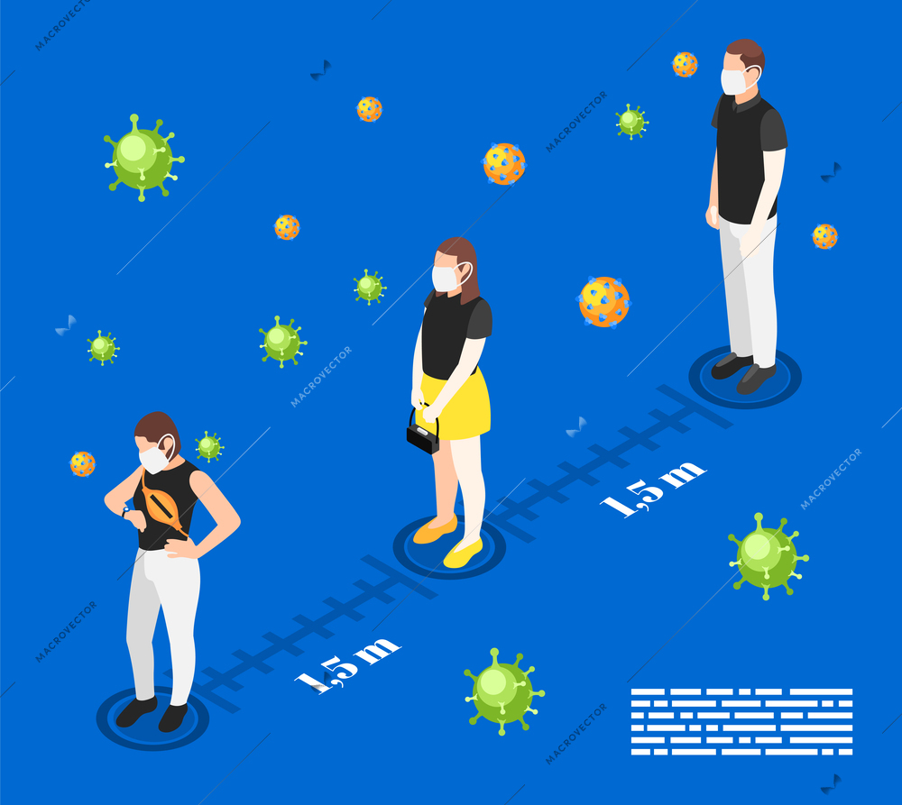 Queue isometric composition keeping a social distance in covid and people in protective masks vector illustration