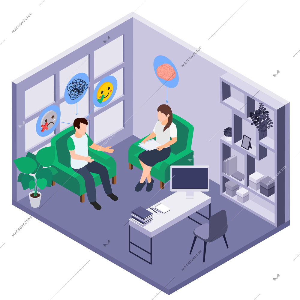 Mental health wellness composition with isometric view of mind doctors office with patient and round reactions vector illustration