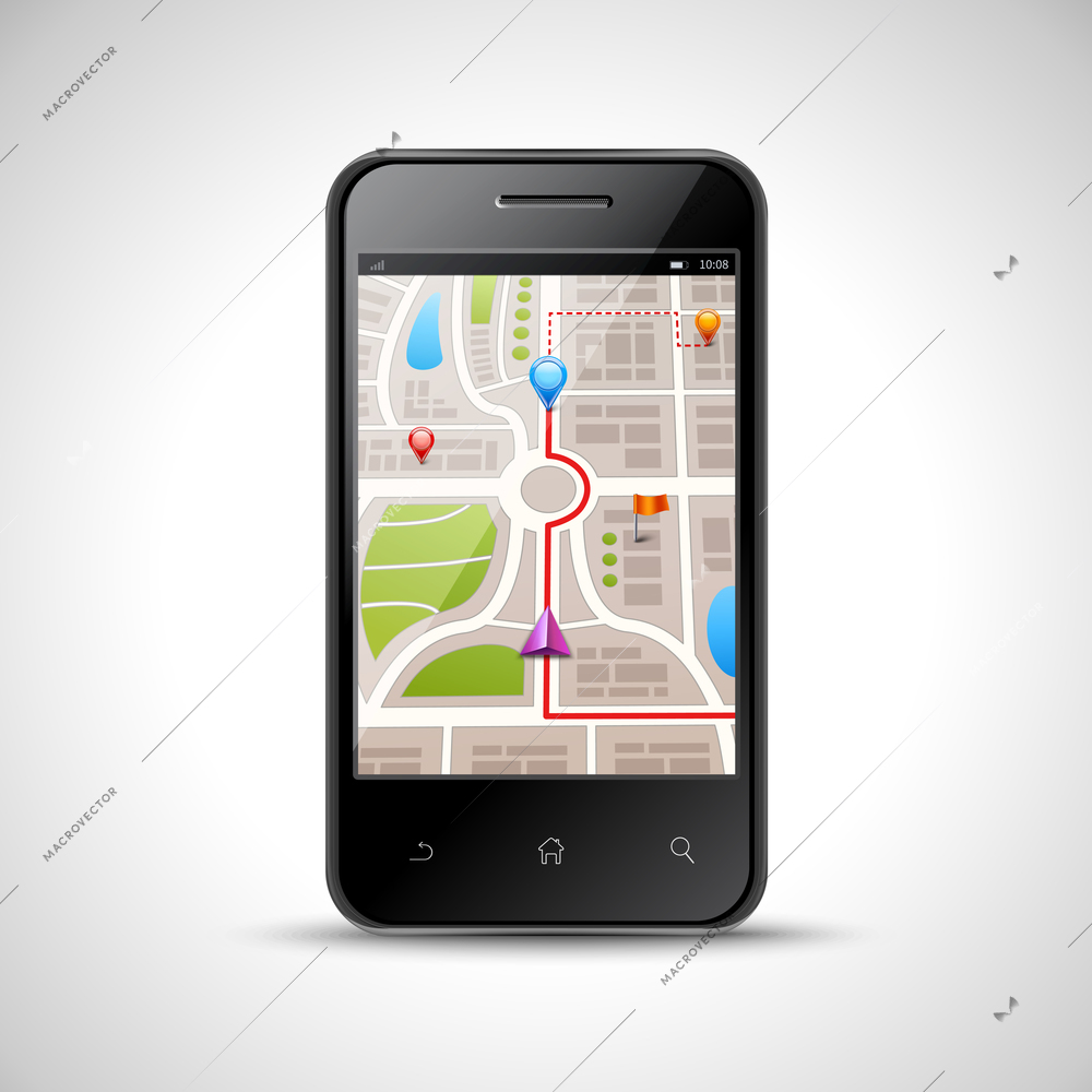 Realistic smartphone with gps navigation map on screen isolated on white background vector illustration