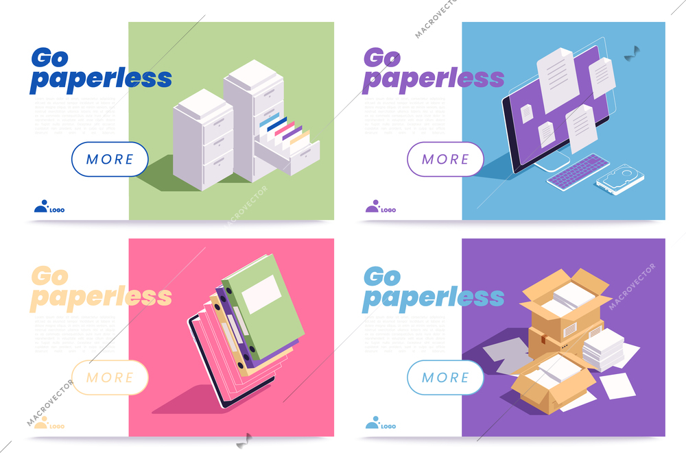 Go paperless isometric horizontal web banners set with digital and paper documents isolated vector illustration