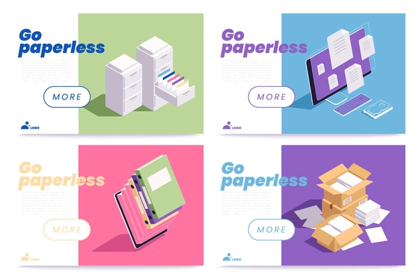 Go paperless isometric horizontal web banners set with digital and paper documents isolated vector illustration