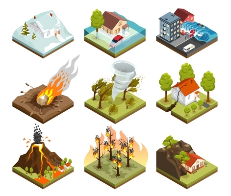 Natural disasters isometric set with flood volcanic eruption earthquake tsunami avalanche forest fire meteorite tornado landslide isolated 3d vector illustration