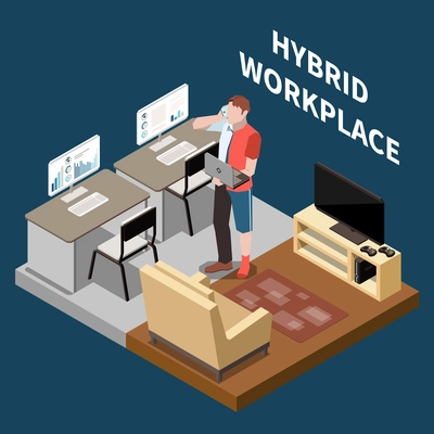 Hybrid workplace isometric concept with employee working both from home and in office 3d vector illustration