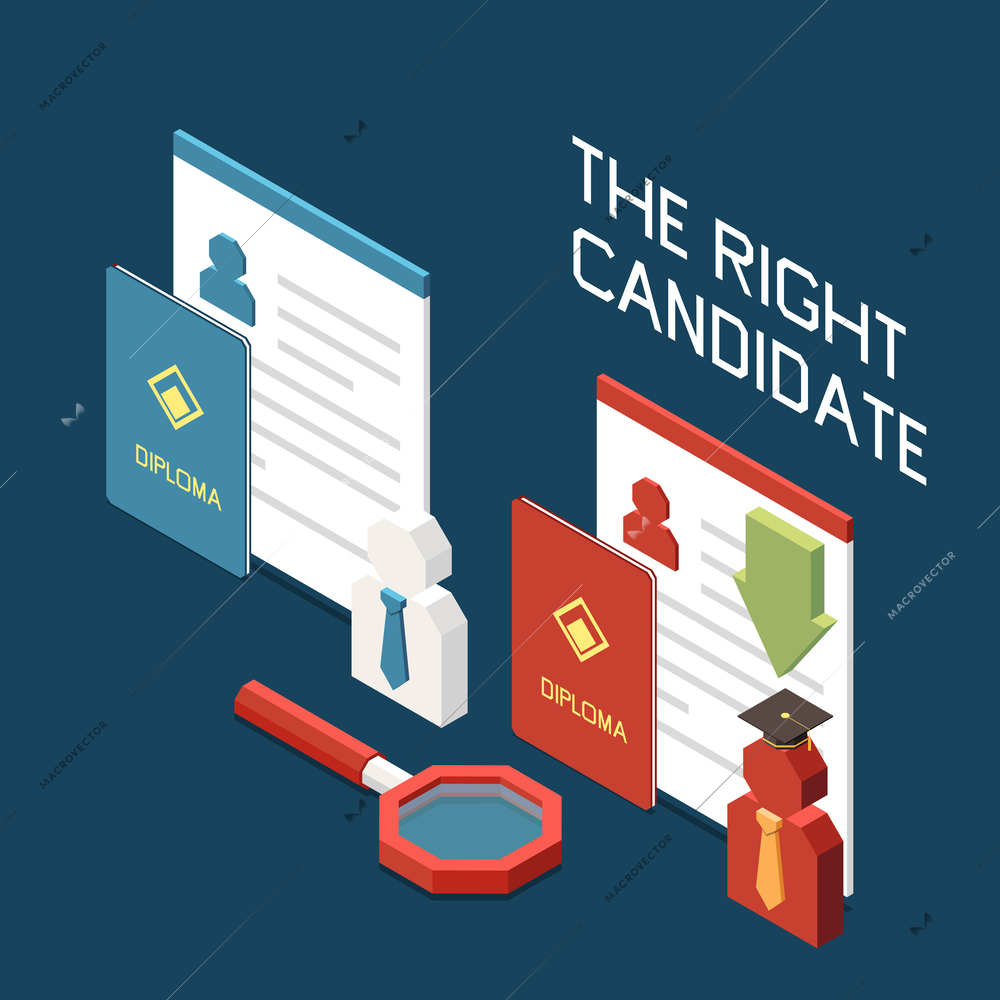 Headhunting recruitment choosing right candidate isometric concept with 3d icons of resume and diploma on dark blue background vector illustration