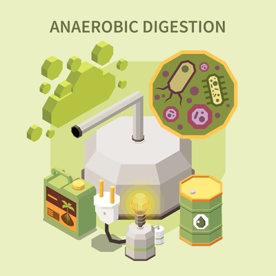 Biogas production isometric composition with anaerobic digestion fertilizer biofuel electricity on color background 3d vector illustration