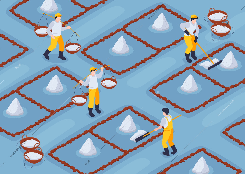Salt production background with mineral processing symbols isometric vector illustration