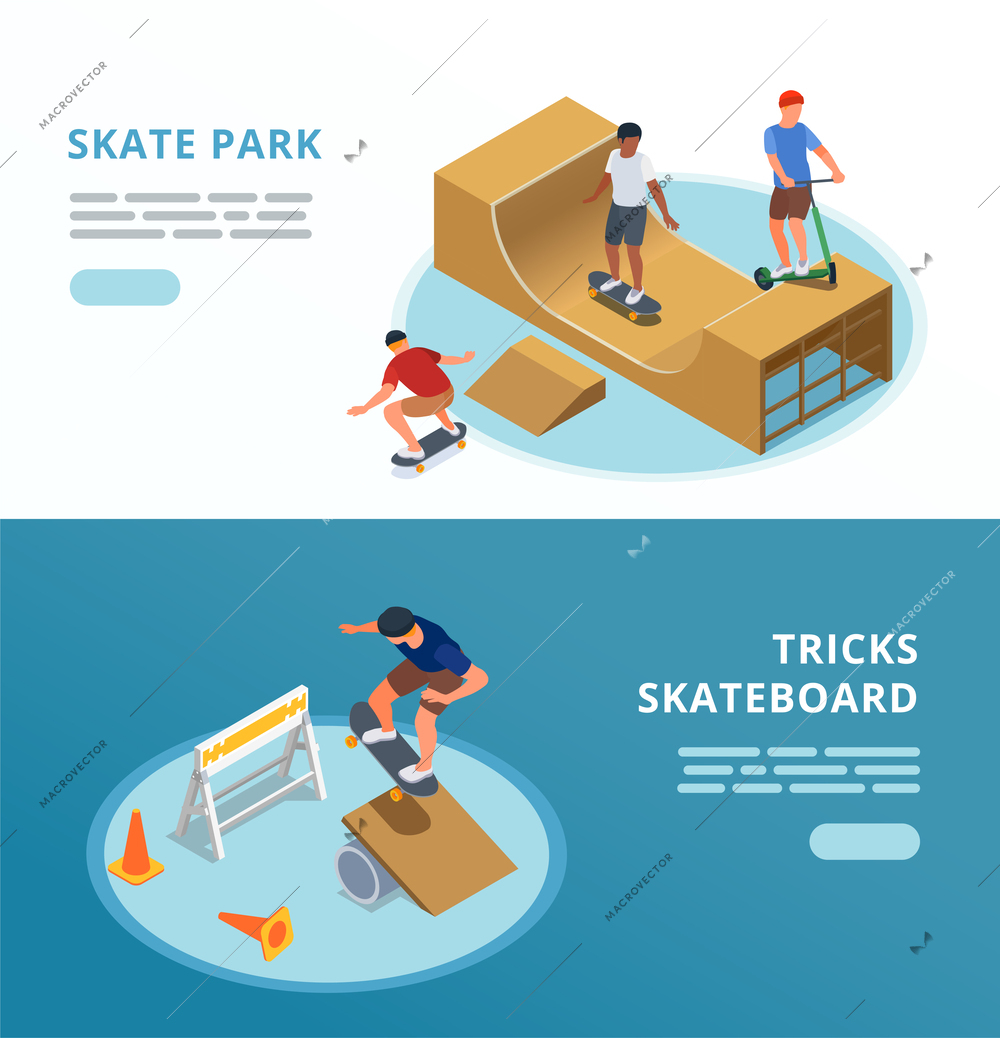 Skate park horizontal banners with sport symbols isometric isolated vector illustration