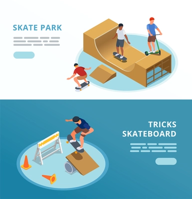 Skate park horizontal banners with sport symbols isometric isolated vector illustration