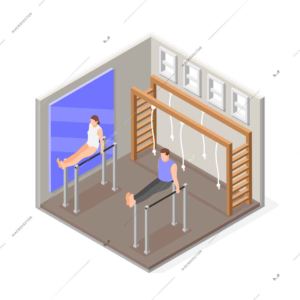 Gymnastics isometric composition with gym interior scenery and parallel bars with mirror and athletes performing exercises vector illustration