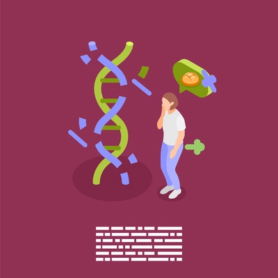 Gluten intolerance isometric background composition with view of broken dna and human character thinking of food vector illustration