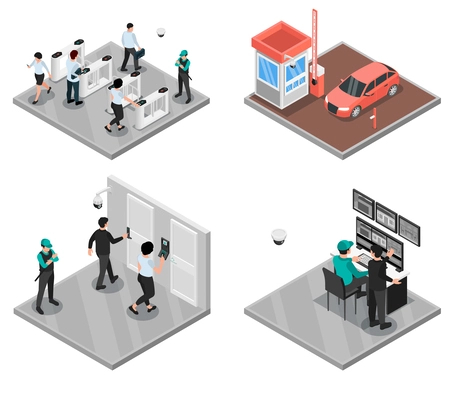 Access control system isometric set with four isolated security views of workers passing turngates unlocking doors vector illustration