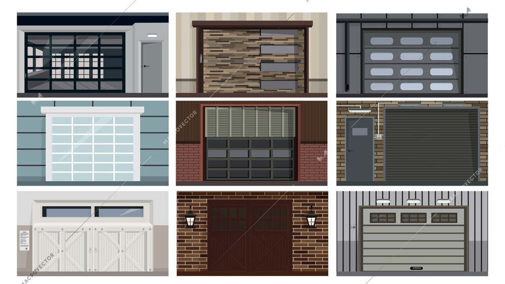 Garage or warehouse enter realistic set with metal roller gates or swing hinged wooden and glass doors vector illustration