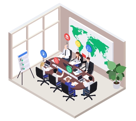 Politicians lawmakers isometric composition with indoor view of candidates team meeting with round icons of ideas vector illustration