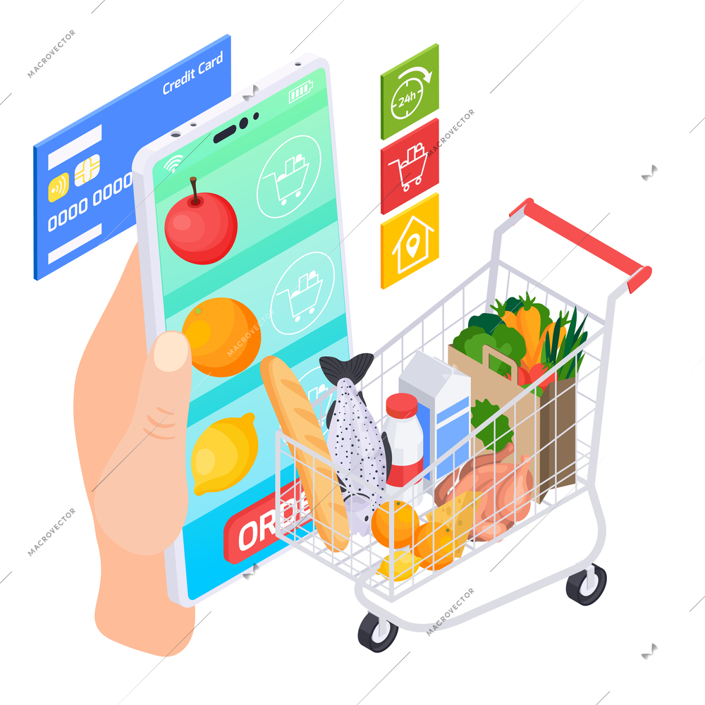 Online takeaway food order delivery service isometric composition of supermarket cart grocery products hand with smartphone vector illustration