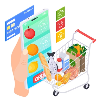 Online takeaway food order delivery service isometric composition of supermarket cart grocery products hand with smartphone vector illustration