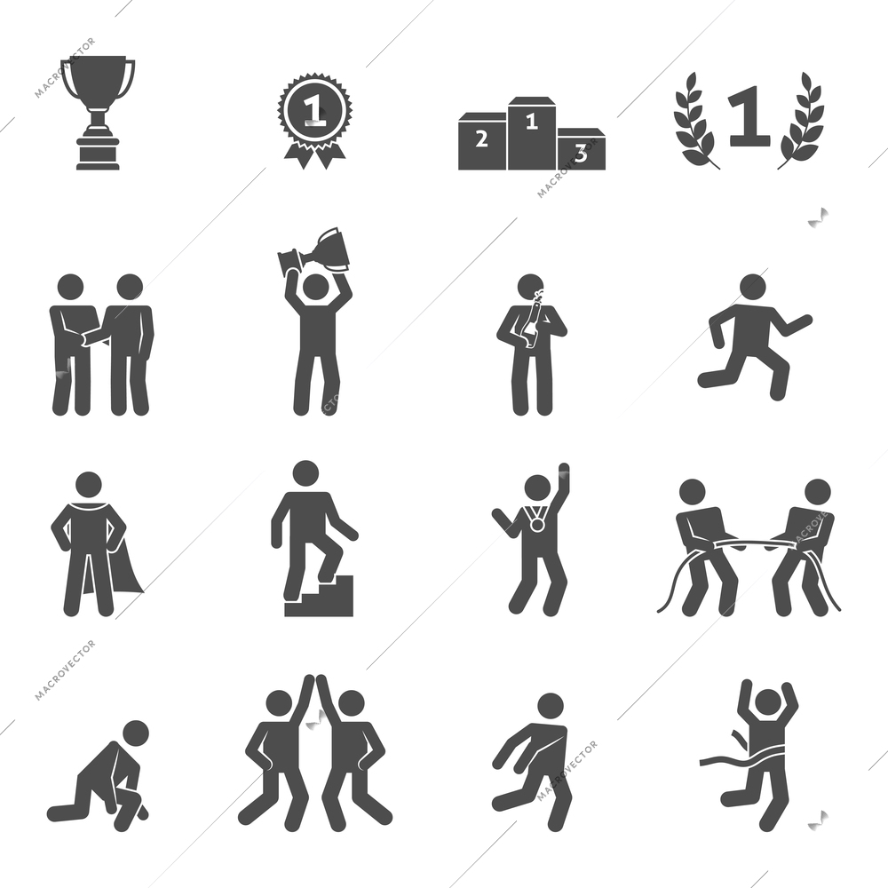 Competition icons black set with peak performance victory top symbols isolated vector illustration
