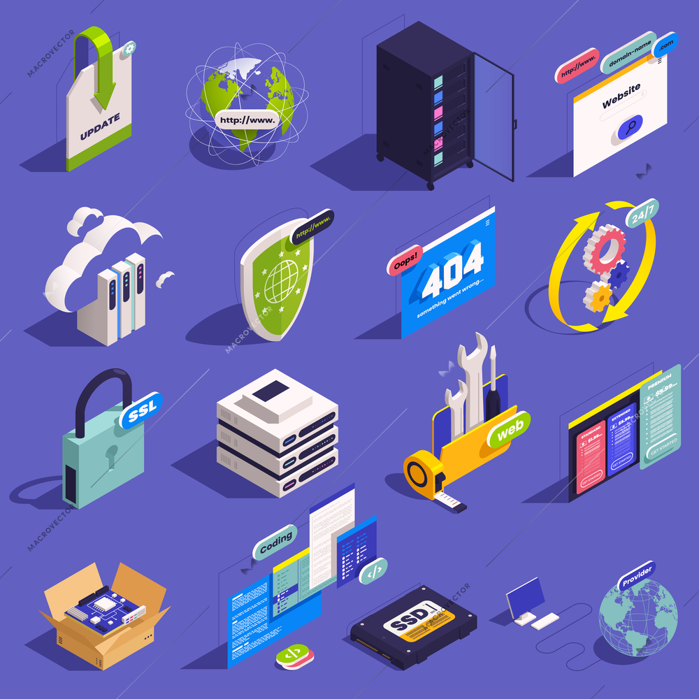 Web hosting icons isometric set with isolated images of computers data exchange servers locks and shields vector illustration