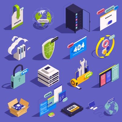 Web hosting icons isometric set with isolated images of computers data exchange servers locks and shields vector illustration