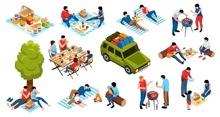 Isometric barbecue icons set with people having picnic outdoors isolated vector illustration