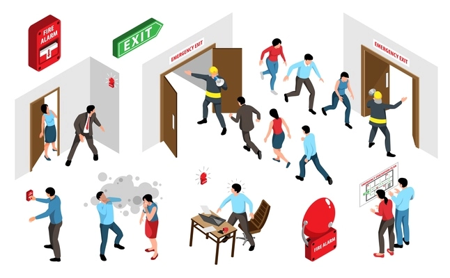 Isometric evacuation alarm icons set with rescue team isolated vector illustration