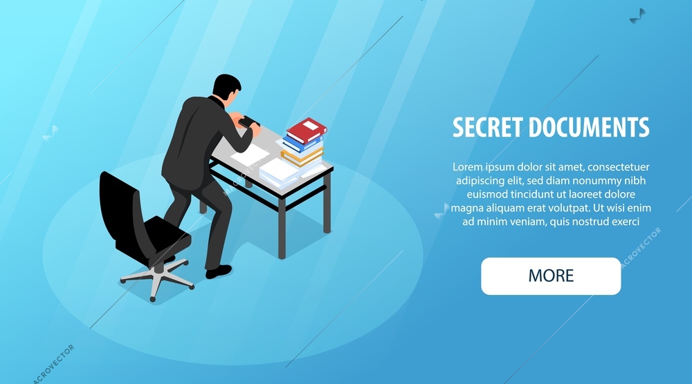 Isometric espionage banner with man taking photo of secret documents vector illustration