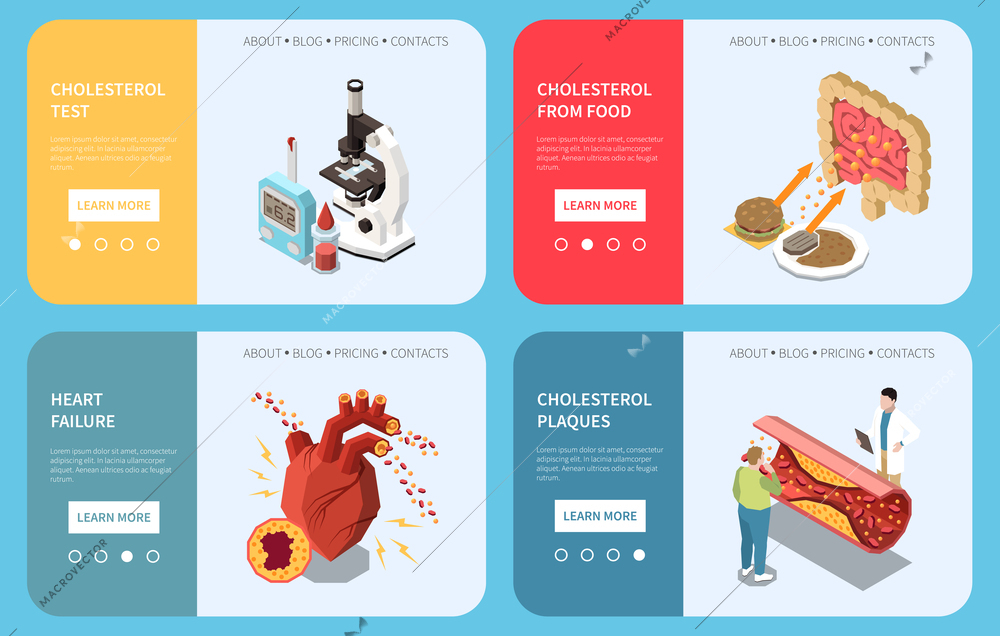 Cholesterol isometric banner set with heart and vessel problem symbols isolated vector illustration