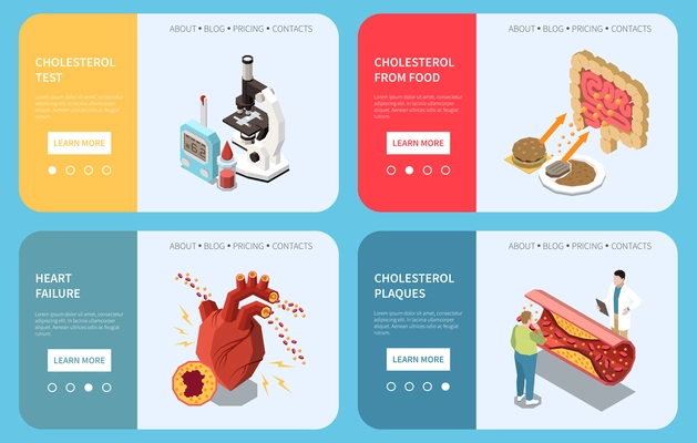 Cholesterol isometric banner set with heart and vessel problem symbols isolated vector illustration