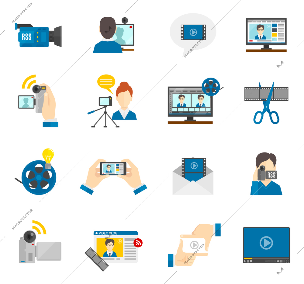 Social media and video blog flat icons set isolated vector illustration