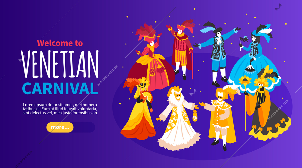 Isometric venetian costumes carnival horizontal banner with editable text and more button with festive human characters vector illustration