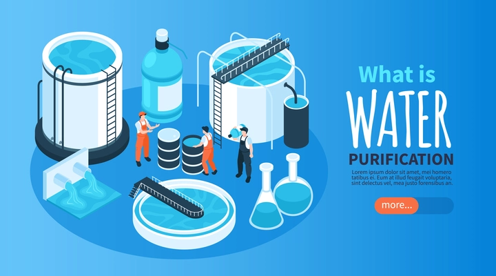 Isometric water purification technology horizontal banner with text more button and tanks with liquid and workers vector illustration