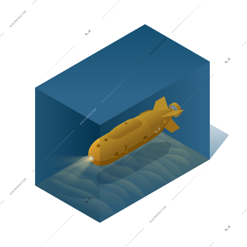 Submarines isometric composition with isolated view of sea water with floating bathyscaph image with underwater surface vector illustration