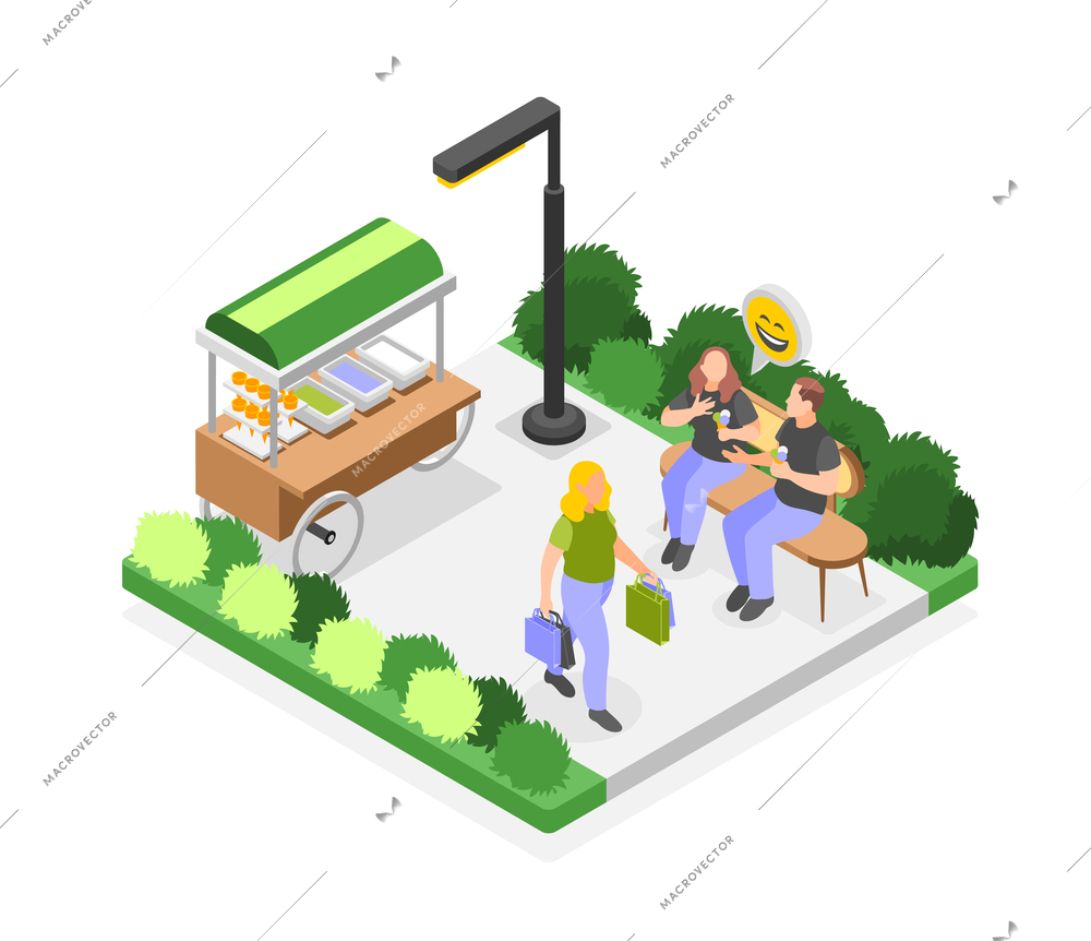 Happy overweight people walking in park eating ice cream and chatting isometric 3d vector illustration