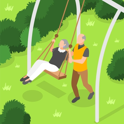 Senior couple swinging on rope swing isometric background vector illustration