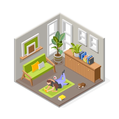 Isometric hugs day composition with couple lying together with book on floor and hugging 3d vector illustration