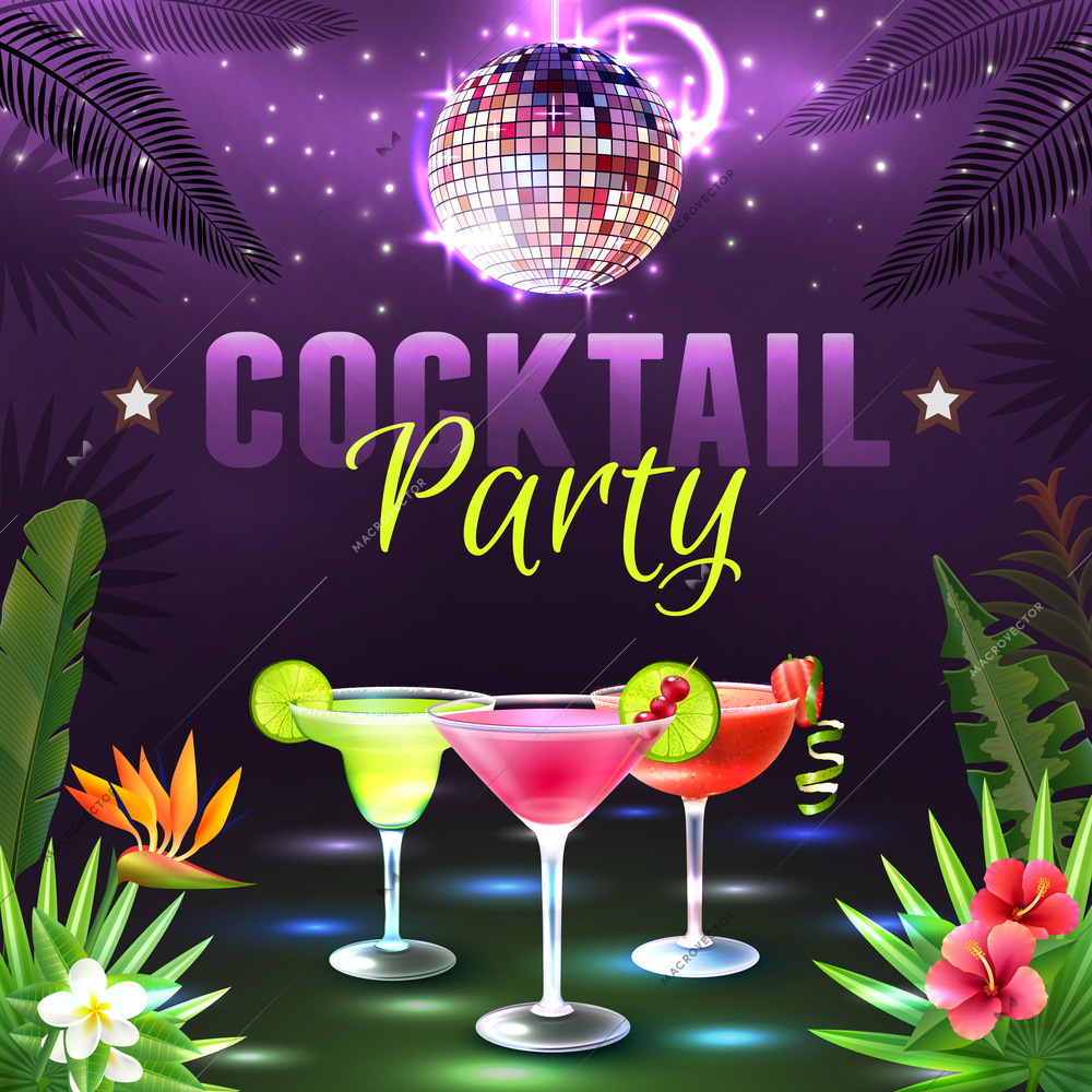 Cocktail party poster with alcohol cocktail glasses disco ball and tropical plants on background vector illustration