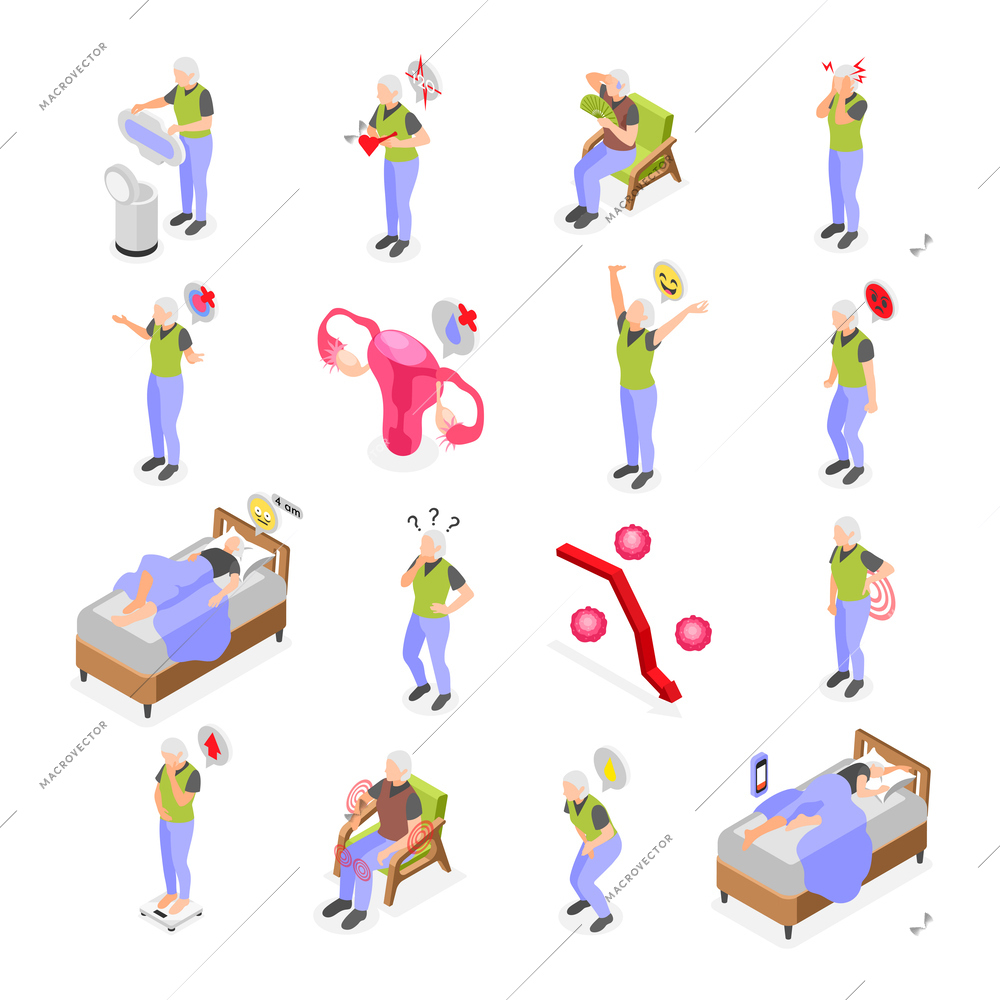 Women menopause symptoms isometric set with female characters suffering from insomnia frequent urination pain changes in mood isolated vector illustration