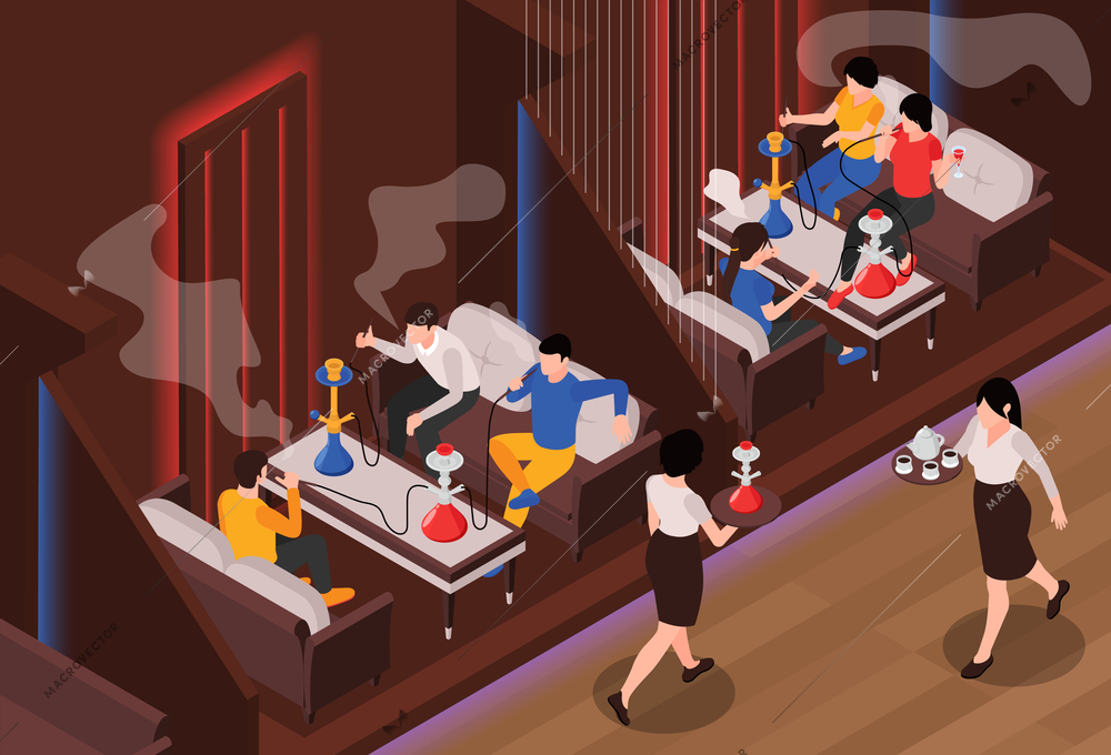 Hookah bar isometric background with friends sitting at tables in restaurant with food and hookah service vector illustration