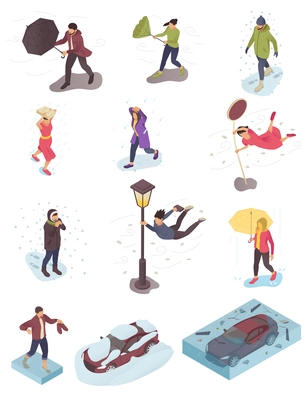 Bad weather isometric set of people in dangerous because of natural cataclysm isolated vector illustration