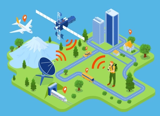 Isometric gps navigation composition with isolated view of modern town block with wireless internet connection lines vector illustration