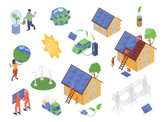 Isolated green energy color set with isolated elements of power line infrastructure workers characters and houses vector illustration
