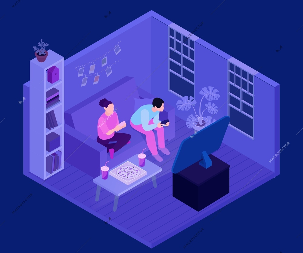Isometric gamers composition with isolated view of living room with couple playing video games on sofa vector illustration