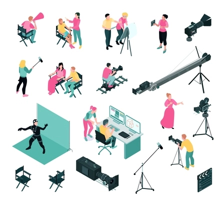 Isometric cinema production color set with isolated icons of professional filming equipment techniques and human characters vector illustration