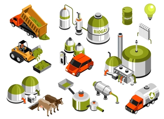 Green energy production isometric icons set demonstrating equipment for converting biomass into biogas isolated vector illustration