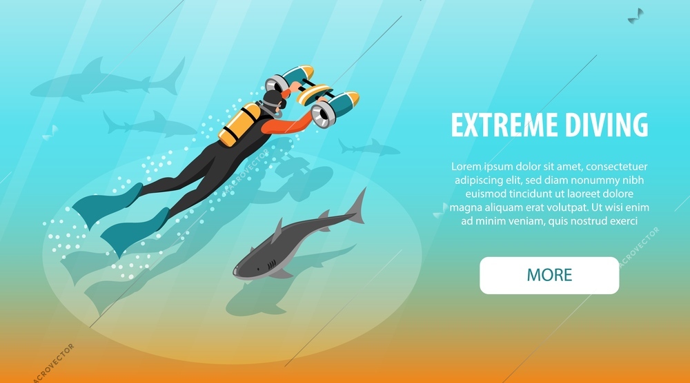 Extreme diving isometric horizontal banner illustrating with male character in diving gear vector illustration