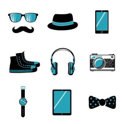 Hipster items collection of glasses bow mustache shoes and hat vector illustration