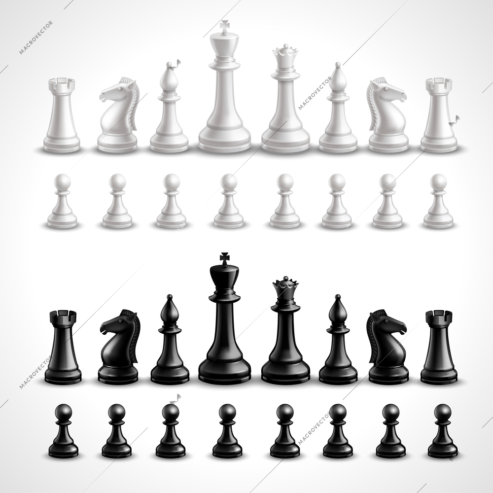 Realistic chess game black and white figures set isolated vector illustration