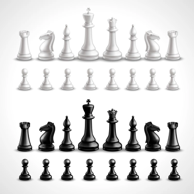 Realistic chess game black and white figures set isolated vector illustration