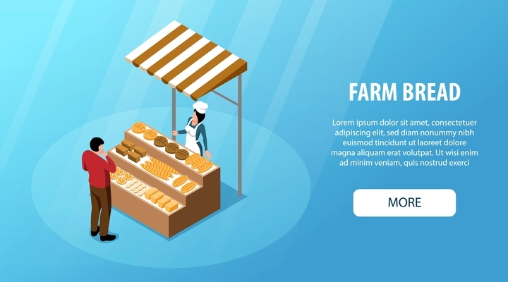 Farm bread horizontal advertising banner with man buying home baking on local farm market isometric vector illustration