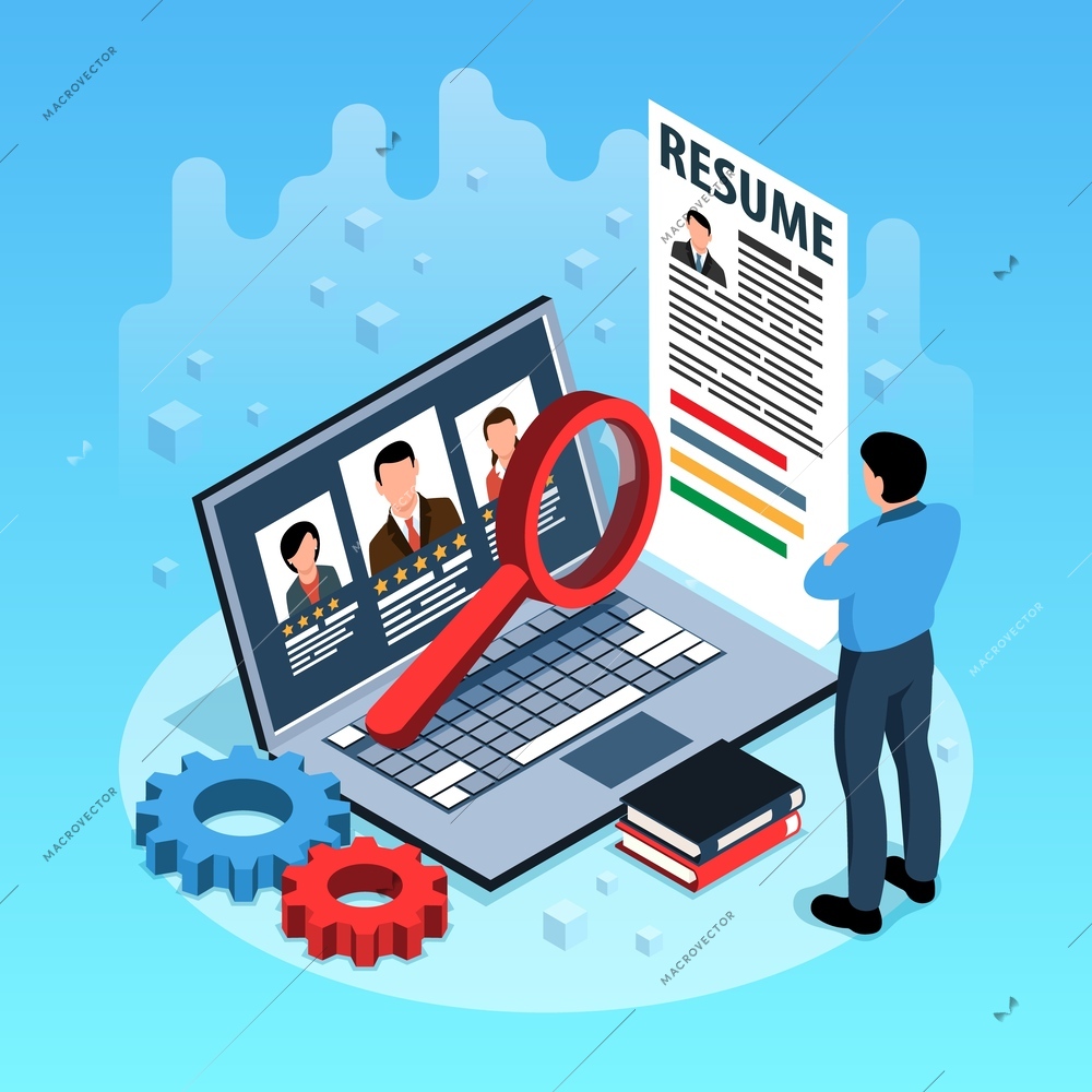Job vacancy isometric illustration with hr manager looking in laptop screen with resume of applicants vector illustration