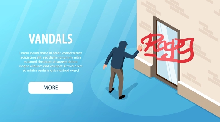 Vandals horizontal banner with male character hiding under hood painting wall of building isometric vector illustration